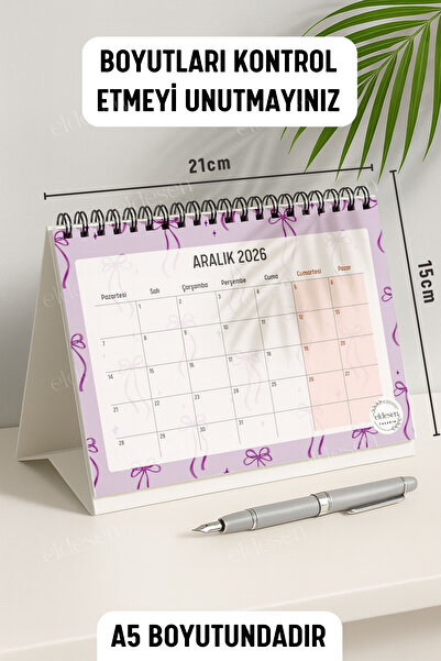 Eldesen Tasarım 2026 Masa Takvimi Spiralli A5 (21X16CM) Büyük Boy / Resmi Tatiller Ve Hafta Sonları / 12 Aylık