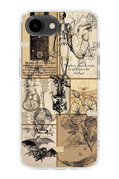 moonset Iphone 16E Uyumlu İskelet Kolaj Tasarımlı Baskılı Şeffaf Telefon Kılıfı