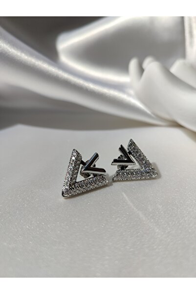Sunland Kadın Takı Silver Renk Zirkon Taşlı V Model Şık Günlük Çelik Küpe