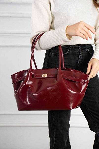 Grsbags Kadın Bordo Büyük Boy Deri Omuz Çanta