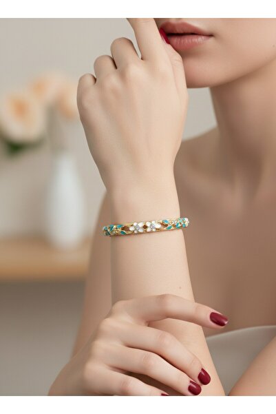 AURA Mineli Beyaz, Su Yeşili Çiçek İşlemeli Bilezik