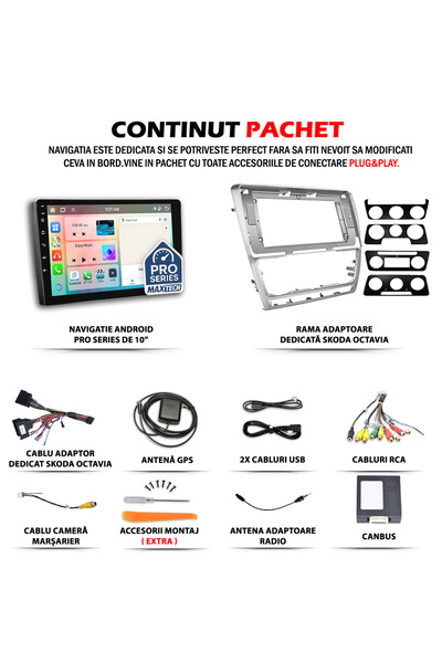 MaxTech Navigatie Skoda Octavia 2 facelift (2009-2014) dedicata, 4 GB Ram 64 GB Rom OctaCore, Carplay