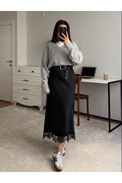 ALVOR Dantelli Siyah Saten Etek