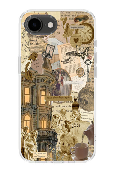 moonset Iphone 16E Uyumlu Vintage Kolaj Tasarımlı Baskılı Şeffaf Telefon Kılıfı