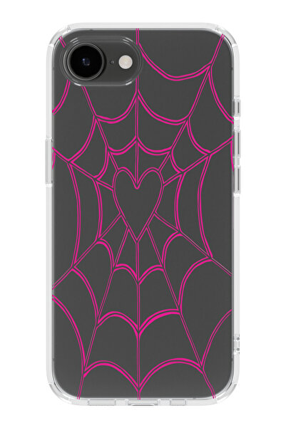 moonset Iphone 16E Uyumlu Kalpli Örümcek Ağı Tasarımlı Baskılı Şeffaf Telefon...