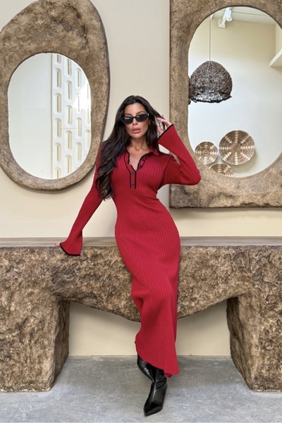 Noi Belis Maxi Boy Polo Neck Buttoned Knitwear Dress Aw25El0015