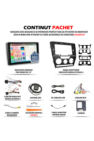 MaxTech Navigatie Skoda Octavia 2 pre-facelift (2004-2008) dedicata, 2 GB Ram 32 GB Rom, Carplay & Android