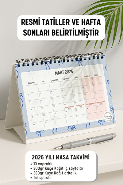 Eldesen Tasarım 2026 Masa Takvimi Spiralli A5 (21X16CM) Büyük Boy / Resmi Tatiller Ve Hafta Sonları / 12 Aylık