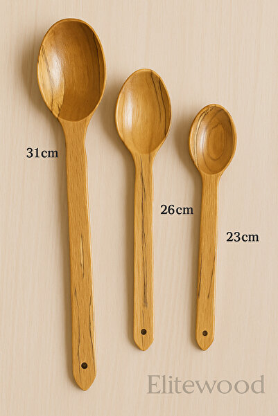 ELİTEVOOD Gürgen Ağacı Cilalı 3'lü Ahşap Yemek Kaşığı Seti | Gıdaya Uygun Doğ...