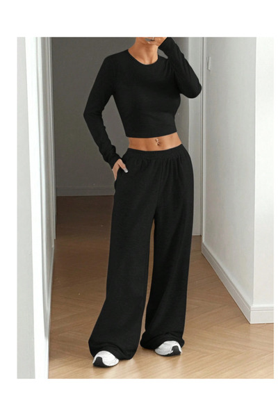 LOSSİA Γυναικείο μαύρο φαρδύ παντελόνι φόρμας μεγάλου μεγέθους, υψηλής ποιότη...