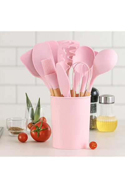Private Home Design 12 Parça Pembe Silikon Kaşık Seti – Isıya Dayanıklı Bambu...