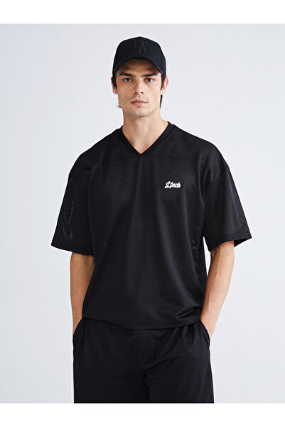 LC Waikiki Black V-Neck Short-Sleeve Printed Men T-Shirt