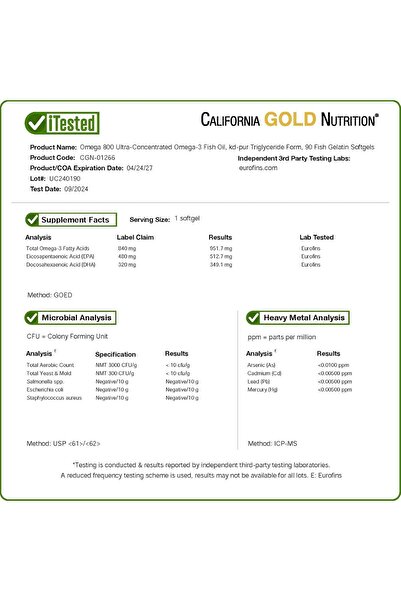 California Gold Nutrition , Omega 800 from Madre Labs, Pharmaceutical Grade Fish Oil, 80% EPA/DHA, Tr