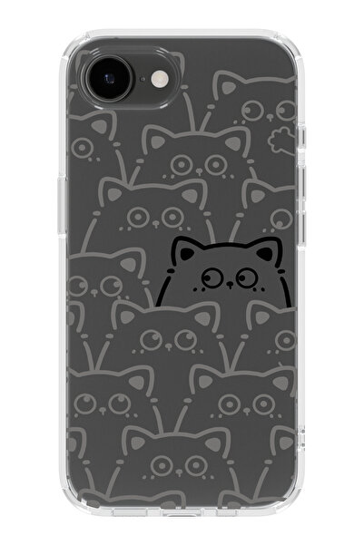 moonset Iphone 16E Uyumlu Sevimli Kediler Tasarımlı Baskılı Şeffaf Telefon Kı...