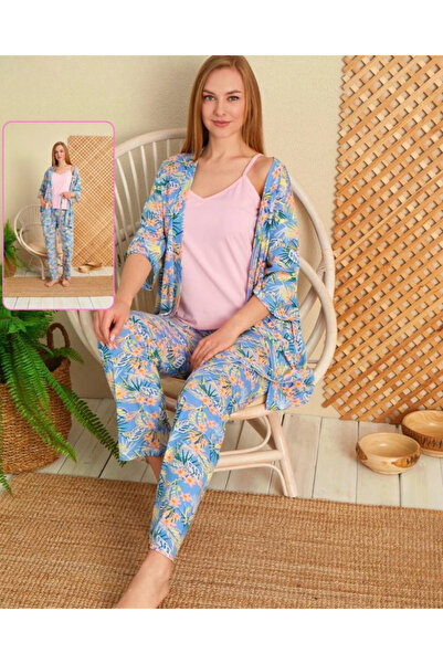Hugglii Kimono Model Hawaii Detaylı Kadın Poliviskon Pijama Takımı