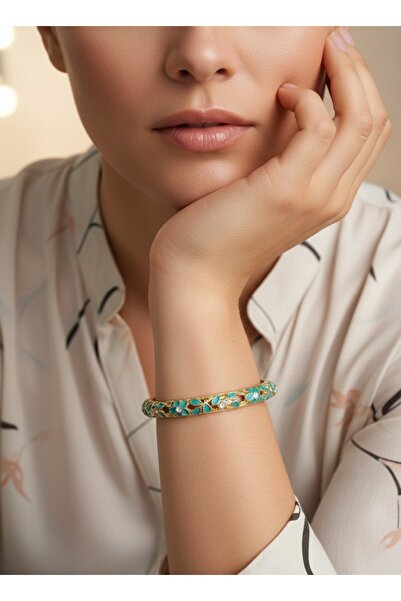 AURA Zirkon Taşlı Mineli Su Yeşili Çiçek İşlemeli Bilezik