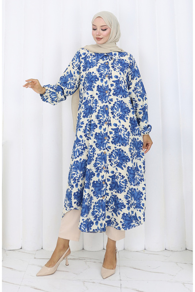 sefamerve Μακρύ τουνίκ από ύφασμα βισκόζης με κουμπιά 0174-06 Μπεζ Ναυτικό Μπλε