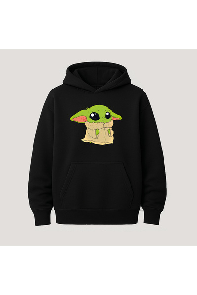 SVART WEAR Детска качулка с дълъг ръкав и джоб тип кенгуру с принт на Бебе Йода