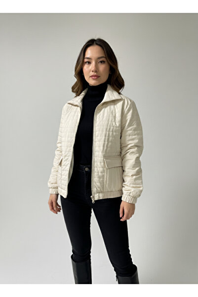 The Mrk Collection Women's Quilted Cream Winter Bomber Jacket