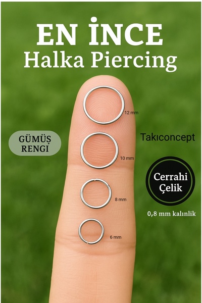 TakıConcept Çelik İnce Halka Piercing 4 Boy Seçeneği Helix Rook Septum Kulak Dudak Burun Hızma
