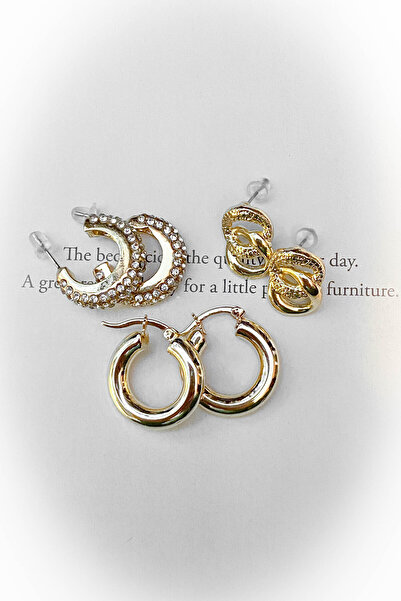 roshel 3 Adet Küpe Seti Taşlı Halka,Halka, Zincir