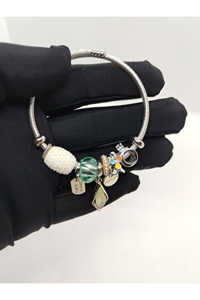 Cadde Dükkanı Charm Çelik Bileklik Silver Yapraklı Yeşil Taşlı