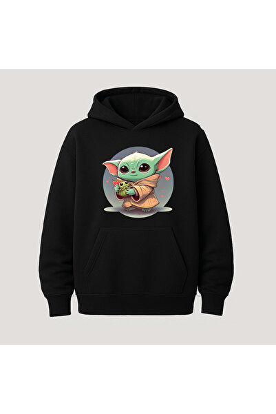 SVART WEAR Детска качулка с дълъг ръкав и джоб тип кенгуру с принт на Бебе Йода