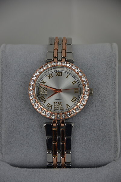 QUARTZ Çift Renk Çelik Kordon Kadın Kol Saati – Taşlı Bezel ve Roma Rakamlı K...