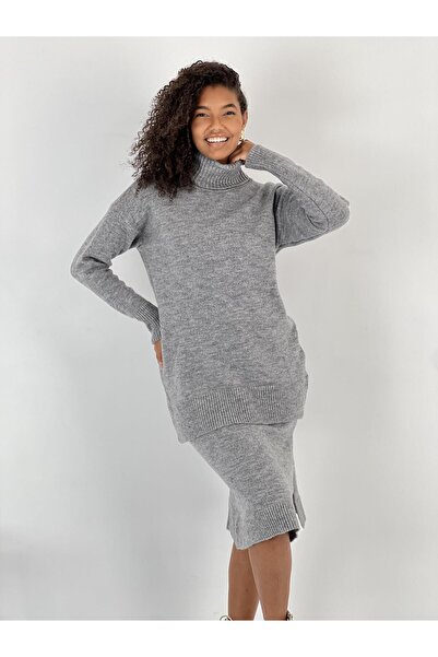 Miss Poem Women's Gray Corduroy Long Sleeve Sweater Slit Skirt Set