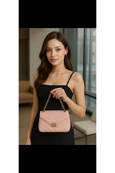 HatesaHome - “Zarif Gold Zincirli Pudra Kadın Omuz & El Çantası – Günlük ve Ş...
