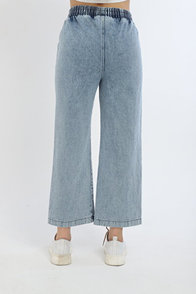 MİHRİZAR Kadın Yüksek Bel Lastikli Kuşaklı Bol Paça Kot Pantolon