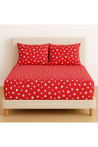 Ezgi ملاءة سرير مطاطية منقوشة مقاس 180 × 200 سم بنجمة حمراء وغطاءين للوسائد