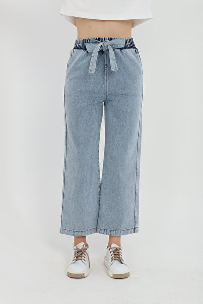 MİHRİZAR Kadın Yüksek Bel Lastikli Kuşaklı Bol Paça Kot Pantolon