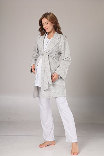 PREGNANT WORLD Kadın Mavi Melanj Şal Yaka Kışlık Özel Tasarım Lohusa Hamile Sabahlık Pijama Takımı Seti