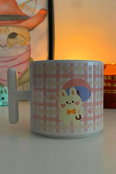 İnci Rüyası Hediyelik Cute Rabbit with Umbrella - Pink & White Gingham Pattern Design t Mug - Cup