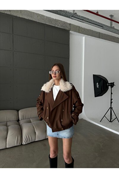 asyadabutik Kadın Yaka Çıkarılabilir Kürk Detaylı Oversize Trençkot