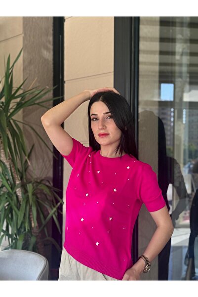 Bliss Dale Yıldız Motif İşleme Detaylı Kısa Kollu Kazak