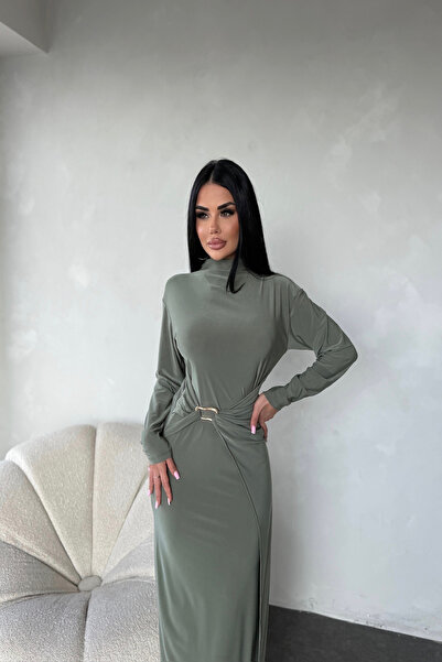 Genel Markalar BİSİKLET YAKA BEL TOKA DETAYLI SANDY ELBİSE