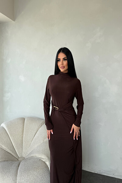 Genel Markalar BİSİKLET YAKA BEL TOKA DETAYLI SANDY ELBİSE