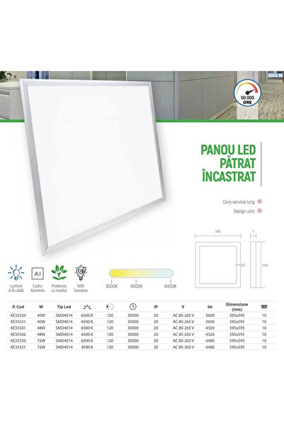 Klaus Square recessed LED panel KE35521, 40W, 3600lm, 4500K, 60x60cm, IP20, Aluminum
