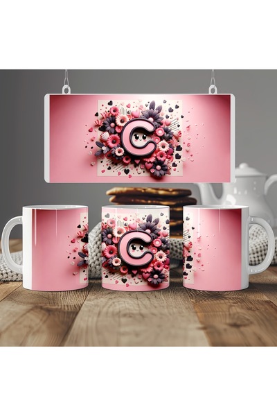 Beramussa كوب بحرف C، كوب مطلي بالكامل بألوان وردية مع قلب، هدية للأصدقاء أو ...