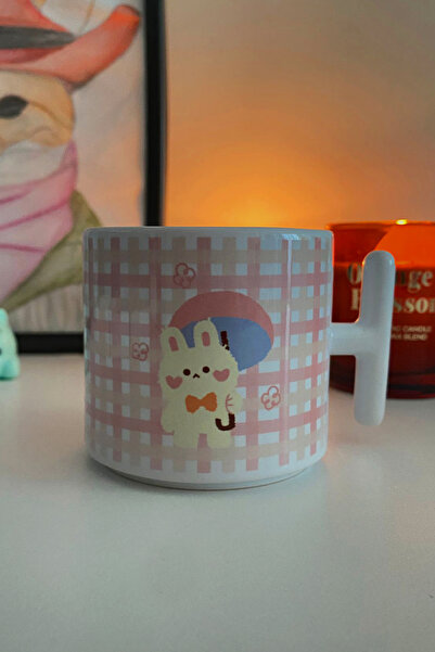 İnci Rüyası Hediyelik Cute Rabbit with Umbrella - Pink & White Gingham Pattern Design t Mug - Cup