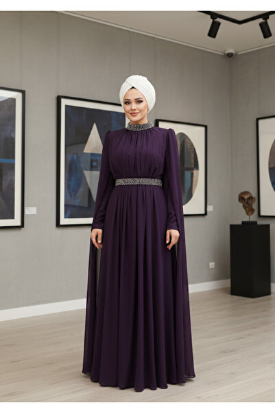 ALA MİRA Kolu Pelerin Taşlı Mürdüm Tesettür Abiye Elbise ALM52991MU