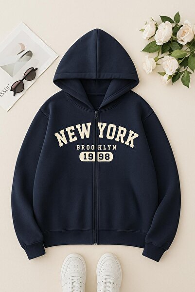 Daxia ERKEK-KIZ ÇOCUK NEWYORK BASKILI Kapşonlu FERMUARLI Mevsimlik LACİVERT H...