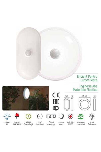 Klaus Aplica LED Exterior cu Senzor KE10202S, 16W, 6500K, IP65, Ø165mm