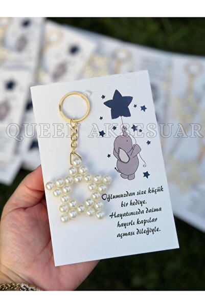 QUEEN AKSESUAR Pearl Star Design Boy Baby Children's Card Gift Keychain Birth Mevlüt Gift