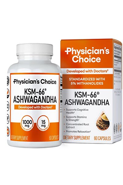 Physician's Choice KSM-66، أشواغاندا عضوية 1000 ملغ، 5% ويثانوليدات، 60 كبسول...
