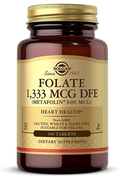 Solgar Folate 1,333 mcg DFE, 100 Tablets - 800 mcg Bio-Active Metafolin - Heart Health - Non-GMO, Vegan