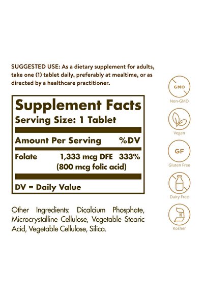 Solgar Folate 1,333 mcg DFE, 100 Tablets - 800 mcg Bio-Active Metafolin - Heart Health - Non-GMO, Vegan
