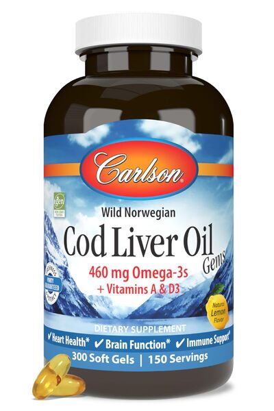 Carlson Wild-Caught Norwegian Cod Liver Oil with Omega-3, A & D3, 300 Lemon Softgels